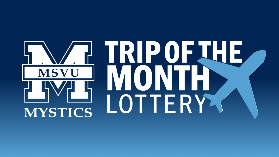 Blue background with a Trip of the Month Lottery logo