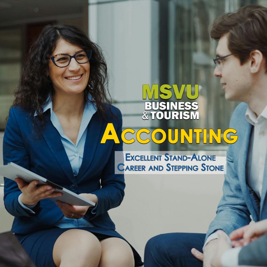This is a photo of a white woman with dark shoulder length hair and black rimmed glasses. She is smiling and looking at a man in a light blue suit. She has on a dark blue blazer and light blue shirt and is holding a clip board. The business and tourism logo is placed in the middle with the word accounting in yellow and excellent standalone career and steppingstone under this in blue.