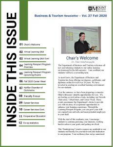 First page of Fall 2020 newsletter. Table of contents with Chair's welcome. 