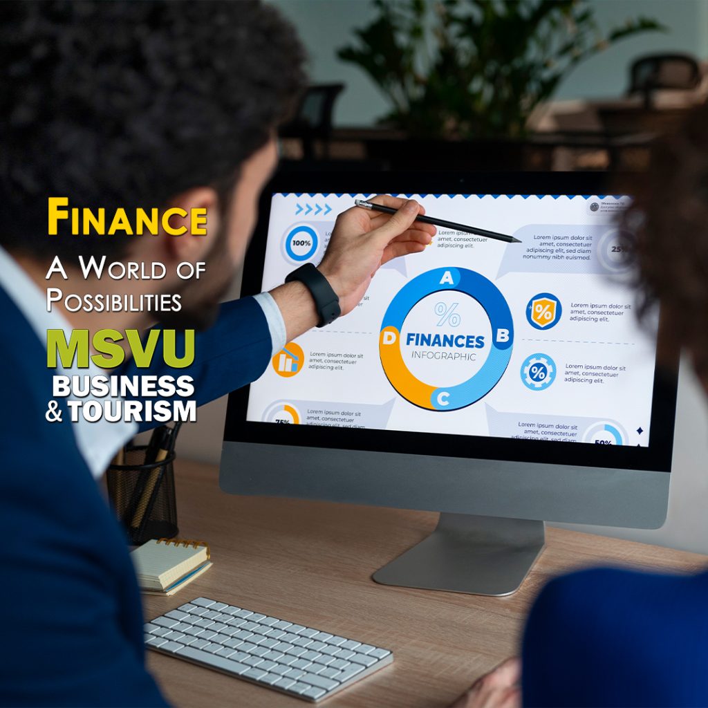 This is a photo of a white man, in a blue suit with a white shirt, dark short hair and a beard using a pointer to indicate something on a laptop screen holding financial information to a woman who is sitting beside him. In the middle of the image are the words finance in yellow and in white a world of possibilities and the MSVU business and tourism logo below that on a dark blue background.