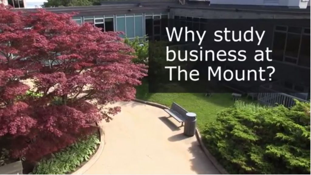 View of back of Rosaria Building with the words 'why study business at the Mount?'