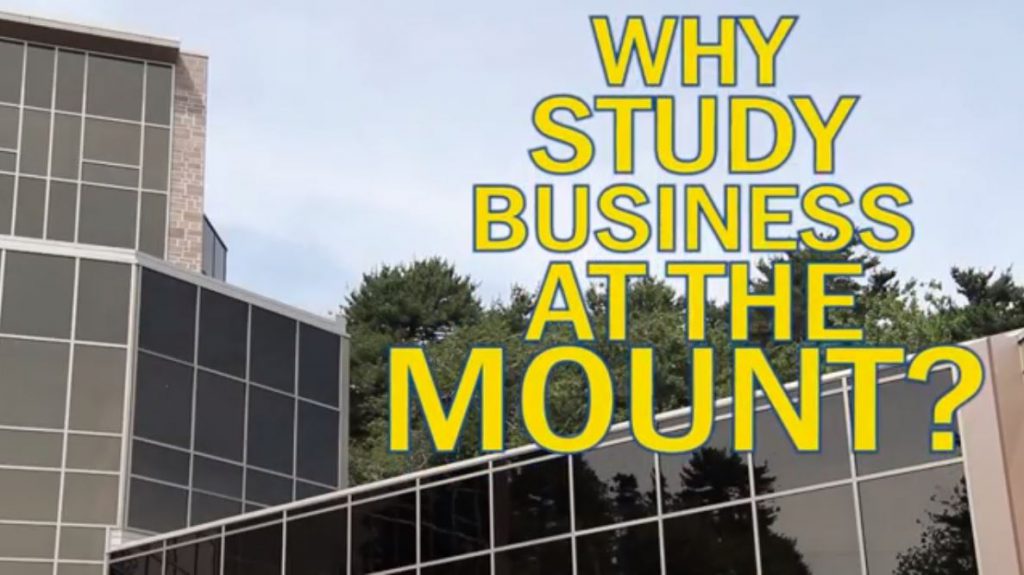 Photo of the front of McCain Centre with the words 'why study business at the Mount?'