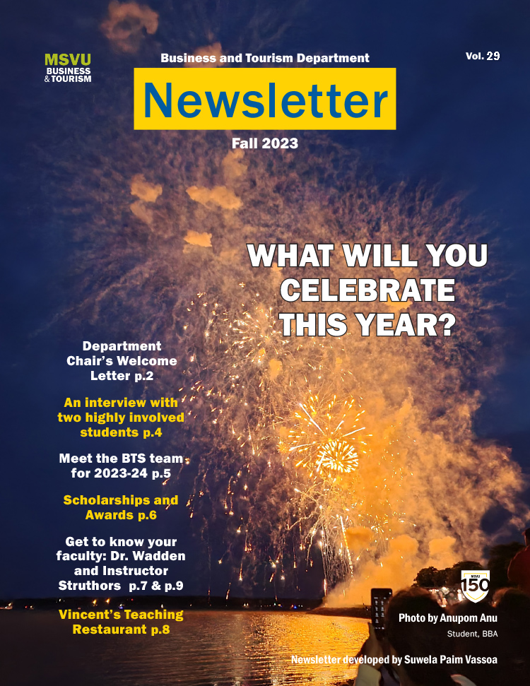 This cover page of the business and tourism department news letter shows yellow fireworks over a purple sky in the Halifax harbour. Photo by Anupom Anu, BBA student. It lists the contents of the news letter. States volume 29 and 'what will you celebrate this year?'