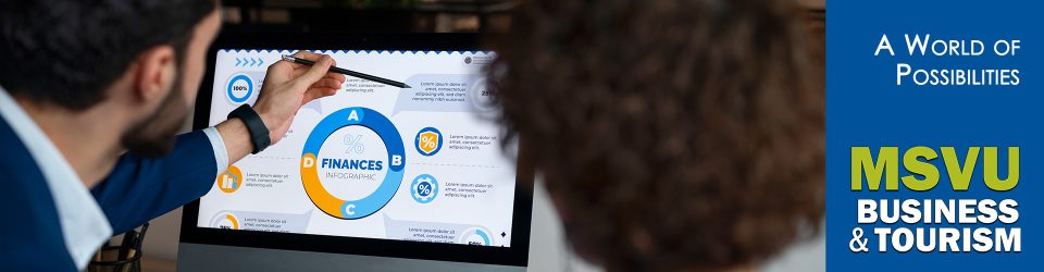 This is a photo of a white man, in a blue suit with a white shirt, dark short hair and a beard using a pointer to indicate something on a laptop screen holding financial information to a woman who is sitting beside him. To the right, in white are the words a world of possibilities and the MSVU business and tourism logo below that on a dark blue background.