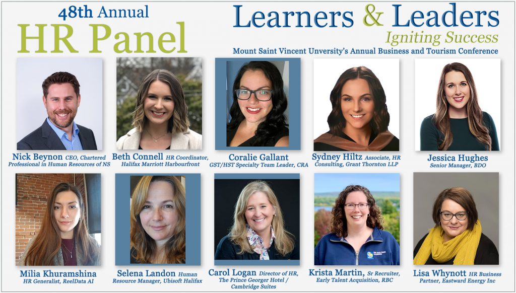 Learners and Leaders business and tourism conference human resource panelists: Nick Beynon, Beth Connell, Coralie Gallant, Sydney Hiltz, Jessica Hughes, Milia Khuramshina, Selena Landon, Carol Logan, Krista Martin, Lisa Whynott