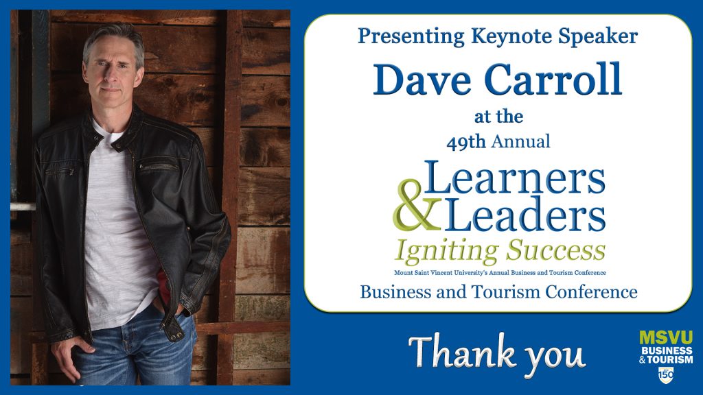 Keynote speaker Dave Carroll standing in front of wood paneling, smiling, wearing a white t-shirt and brown leather jacket. written announcement of the keynote speaker and the learners and leaders conference. 