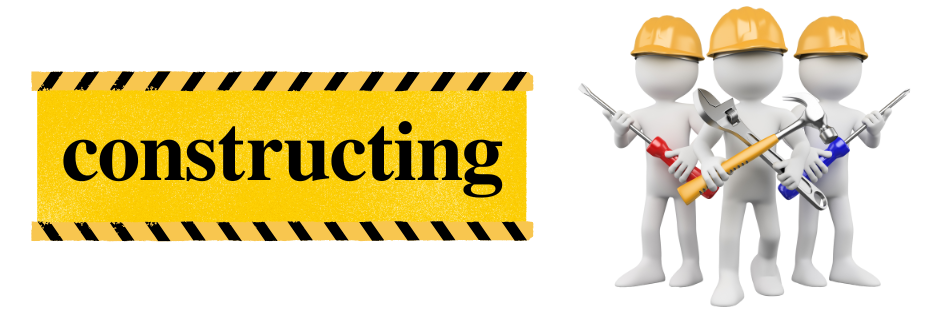 This is a construction sign. There are three little cute white stick figure type people with yellow hard hats holding screwdrivers, a hammer and a wrench. They are positioned in a group on the left. On the right is the word constructing in a yellow box with the warning pattern of black and yellow diagonal stripes on the top and the bottom of the box. 