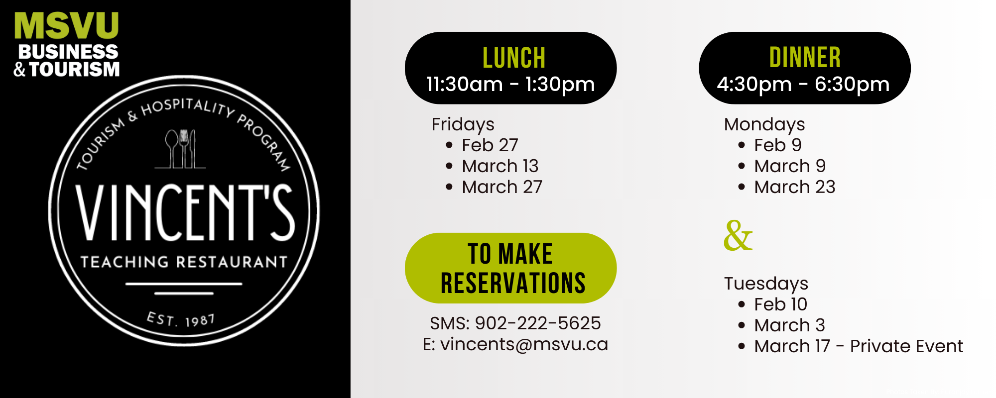 Black white and green text display of the dates that are listed above. Ornamental