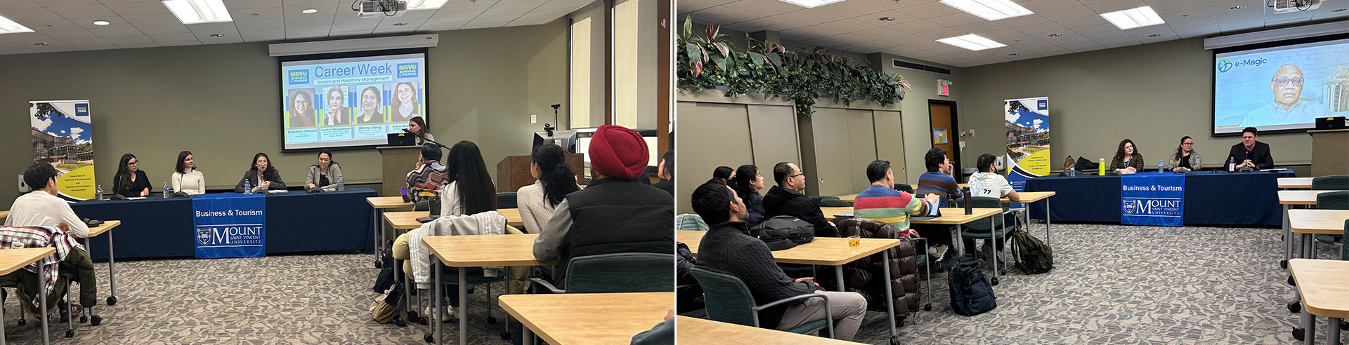 These are two photos of the room in which the panel sessions occurred. They are from the back of the room looking forward to where the panelists are seated behind a table showing the students in the audience. 