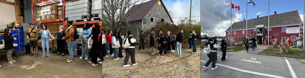 Mount Saint Vincent University Business and Tourism department students during the fall 2025 sustainable business tour. There are three photos, the first on the left is in the processing plant of AltanTick repellent products, the owner is speaking to the group of students. The second photo in the middle is on the grounds of Lunenburg County Winery At Hackmatack Farm just after they got off the bus and the third one is the student entering the Old Fish Factory building for lunch. 