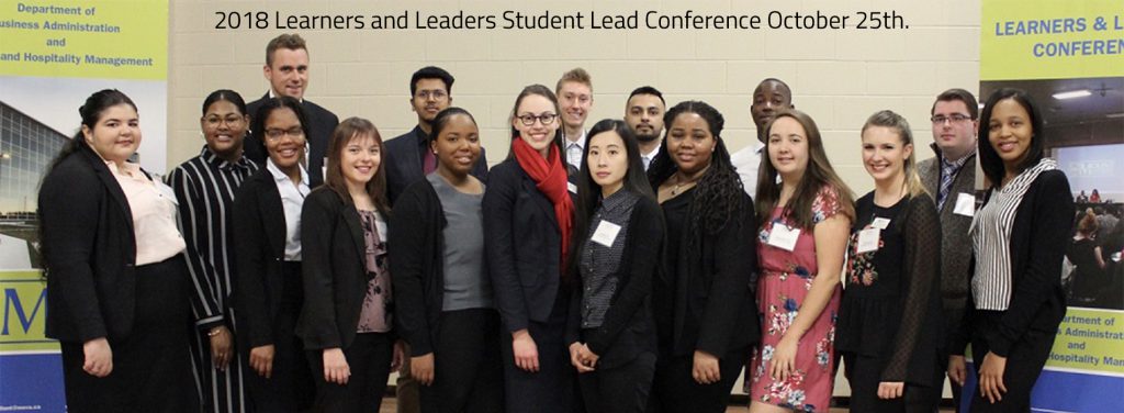 Group photo of the business and tourism society volunteers for the 44th Annual Learners and Leaders student lead conference. Year 2018.