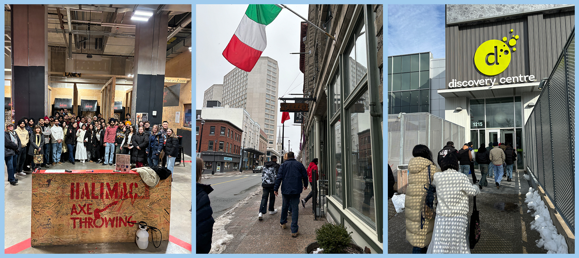 MSVU business and tourism students visiting the three locations on the 2026 Local Entrepreneur and cultural tour. On the left is a group photo at HaliMac, in the middle is students entering Pazzo Ristorante and on the right are students entering the Discovery Centre. 