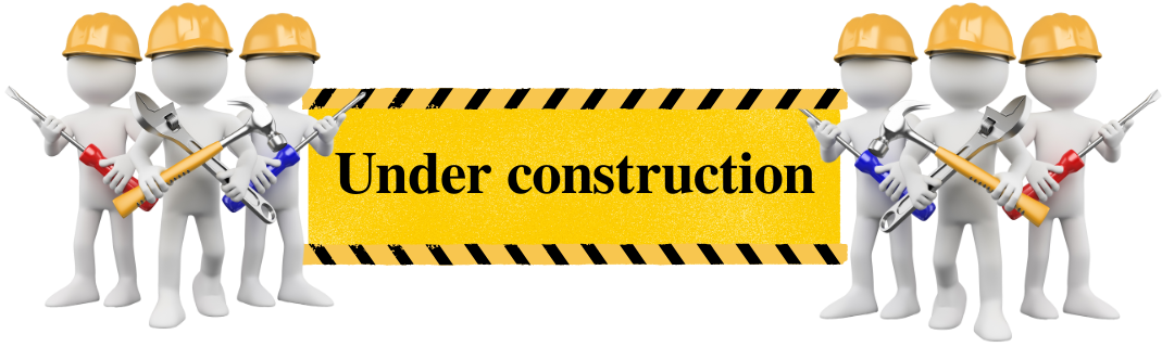 This is a construction sign. There are three little cute white stick figure type people with yellow hard hats holding screwdrivers, a hammer and a wrench. They are positioned in a group on the left with another three on the right. In the middle are the words under construction in a yellow box with the warning pattern of black and yellow diagonal stripes on the top and the bottom of the box.