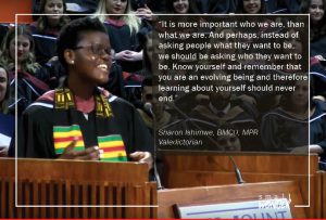 Picture of a Black female MSVU graduate giving her Valedictory Speech