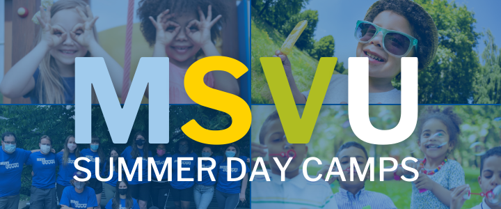photos of children playing and day camp leaders with text MSVU summer day camps