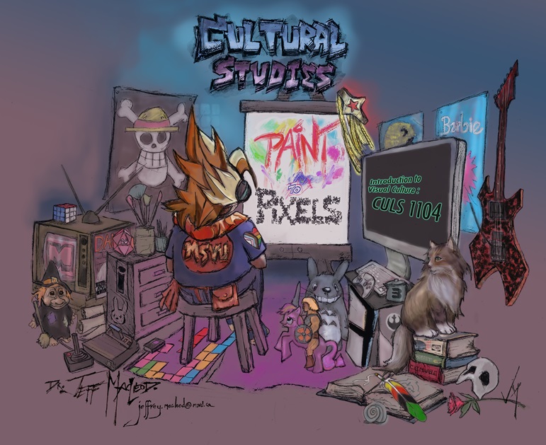 A poster for the Paint to Pixels course. Featuring several icons used in popular media, and someone sketching in front of an easel. The words "Cultural Studies" are at the top of the image.