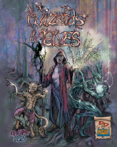 The promotional poster for the CULS/POLS 2022 course "Wizards and Elves". There are 2 monsters and a wizard wearing a red robe holding a staff