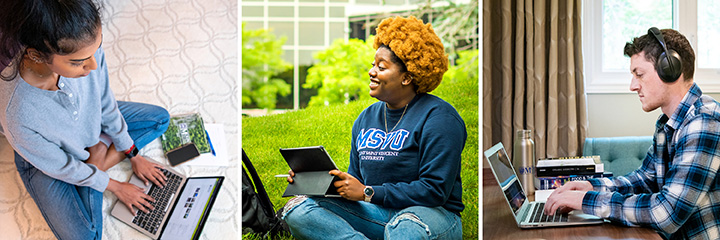 3 students taking online courses on their laptop, tablet, and computer