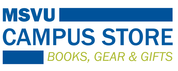 The MSVU Campus store logo - the text "MSVU Campus Store" is blue, with green text blow that says, "Books, gear, and gifts"