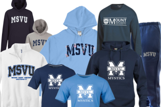 Various MSVU clothing items - t-shirts, sweaters, hoodies, and sweatpants