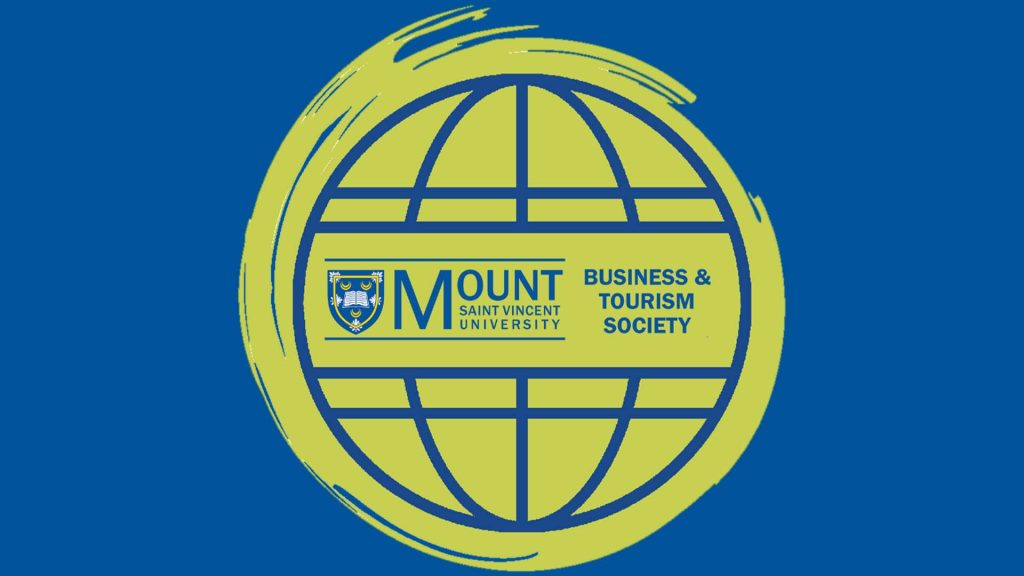 MSVU business and tourism logo on a dark blue background. The logo is a green swirly circle with a dark blue grate in the centre with the Mount logo in the middle on the left with the words business and tourism society stacked on top of each other on the right.