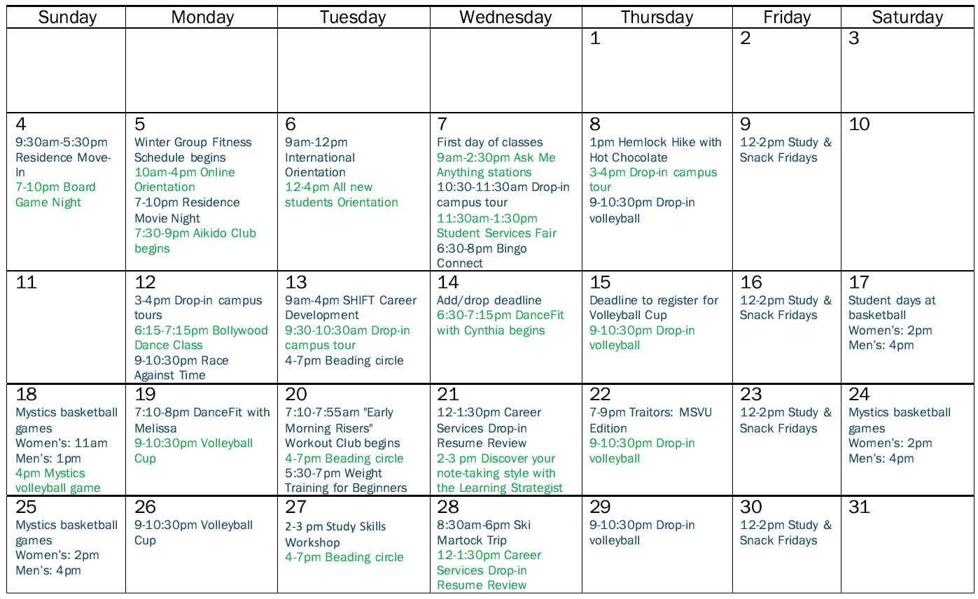 Calendar of all January events