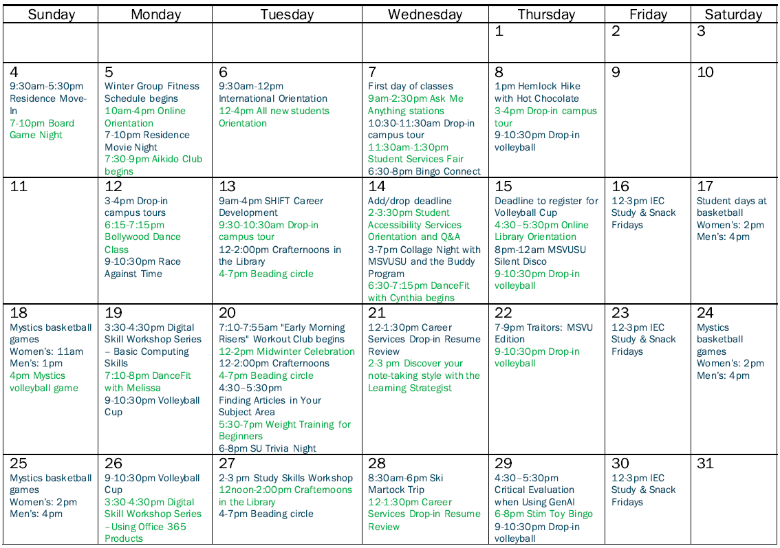 List of all January events in a January calendar.
