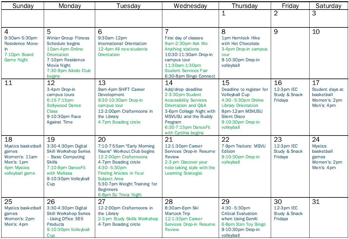 All January events listed in a calendar