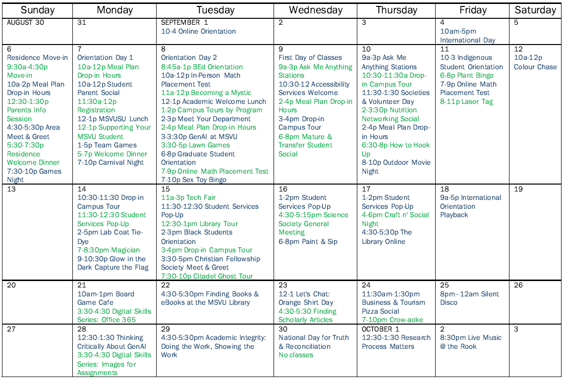 September calendar with all Orientation events listed
