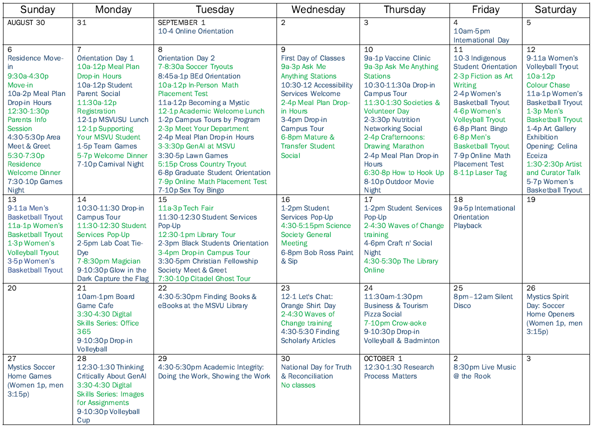 September calendar with campus events listed
