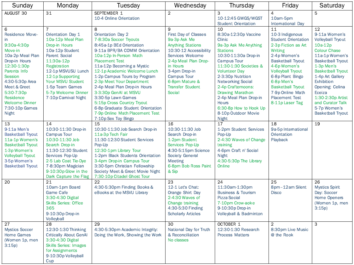 September calendar with campus events listed