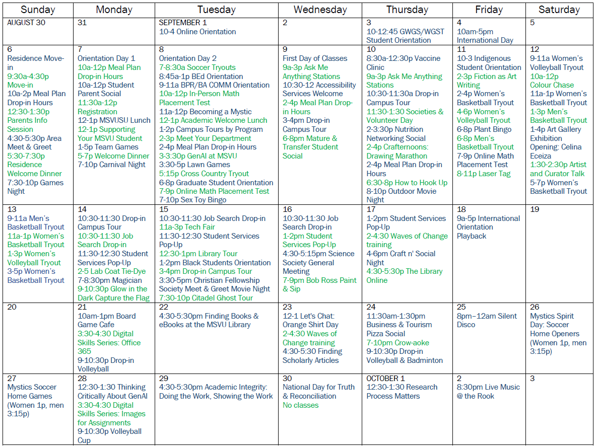September calendar of campus events