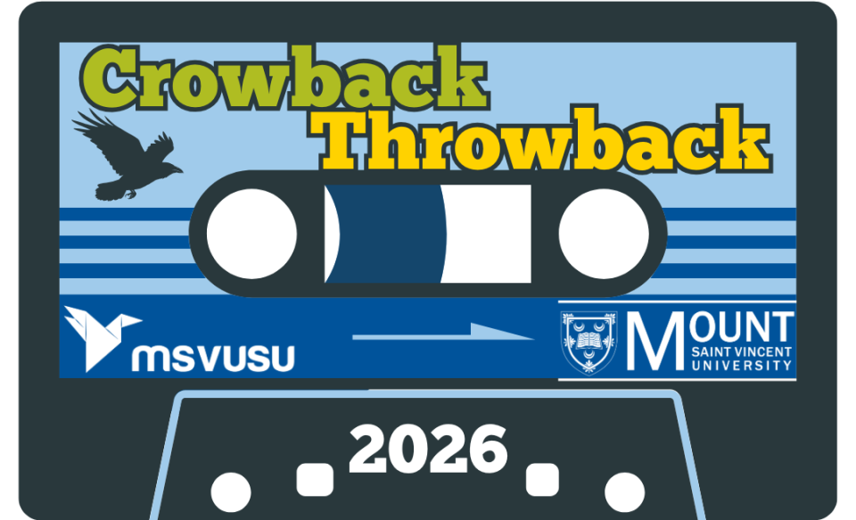 Black cassette tape with blue label. The label says Crowback Throwback, MSVUSU logo, and MSVU logo.
