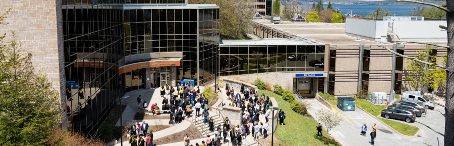 Aerial view outside of McCain with students gathered