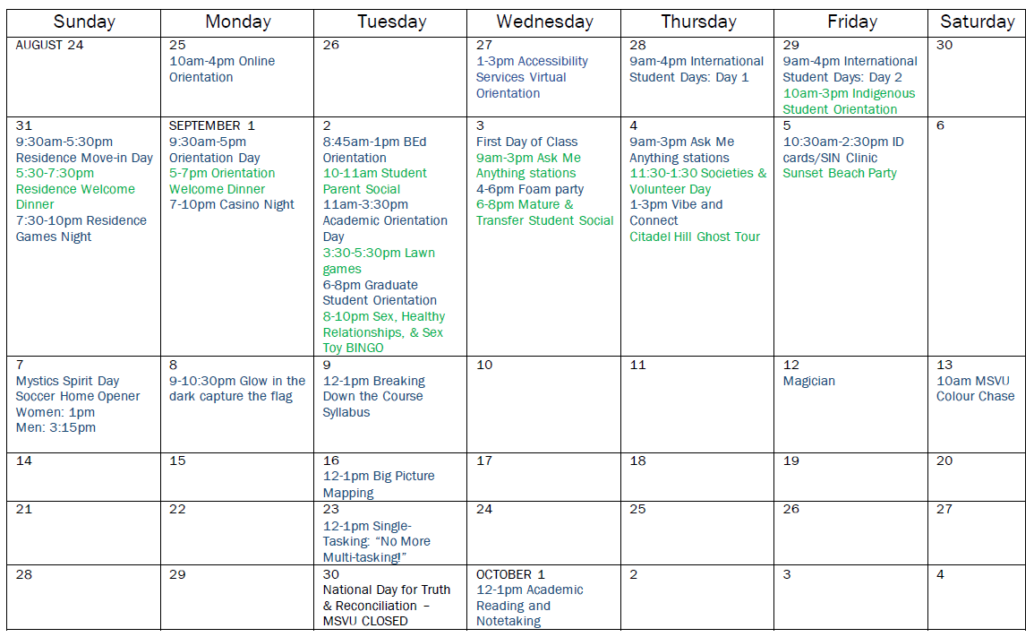 Visual calendar of Fall Orientation events. Details are listed below.