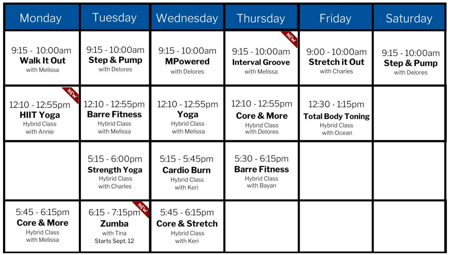 A table that lists Fall 2023 fitness classes at the Mount Fitness Centre.