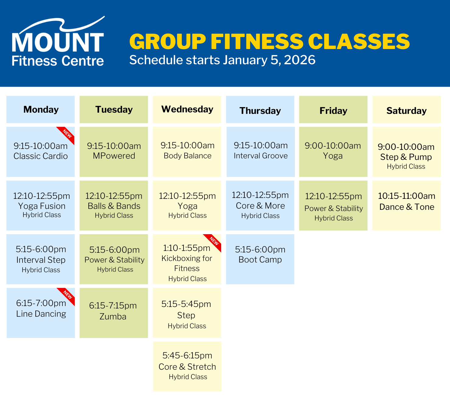 Mount Fitness Centre group fitness class schedule starting January 5, 2026, showing classes like Classic Cardio, Yoga Fusion, Zumba, Boot Camp, and more across Monday to Saturday