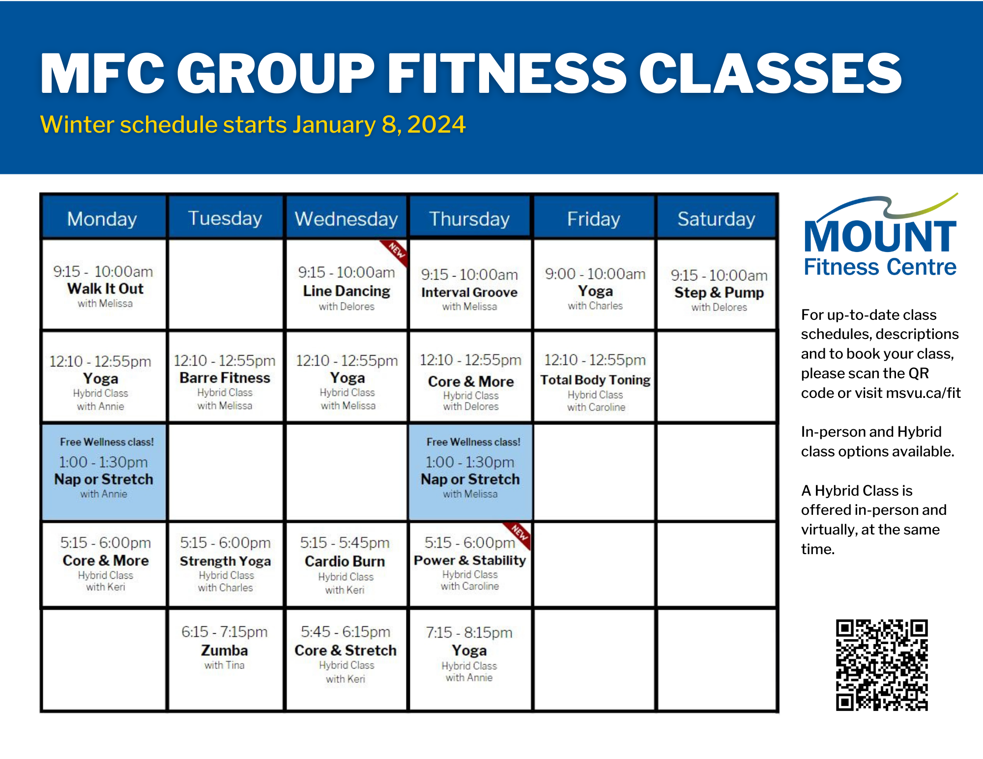 A fitness class schedule for the Mount Fitness Centre. Lists class options by day.