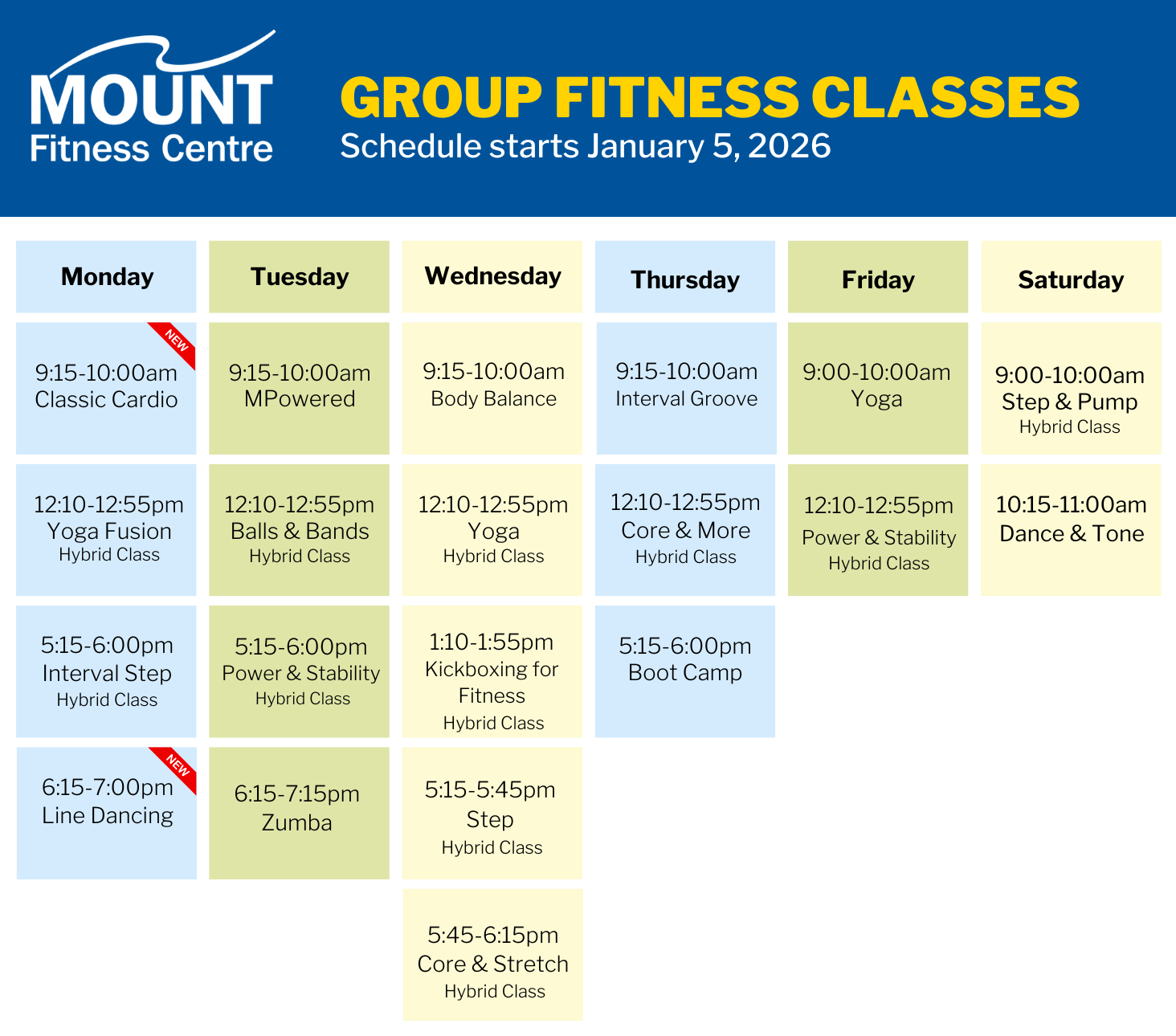 Mount Fitness Centre group fitness class schedule starting January 5, 2026, showing classes like Classic Cardio, Yoga Fusion, Zumba, Boot Camp, and more across Monday to Saturday.