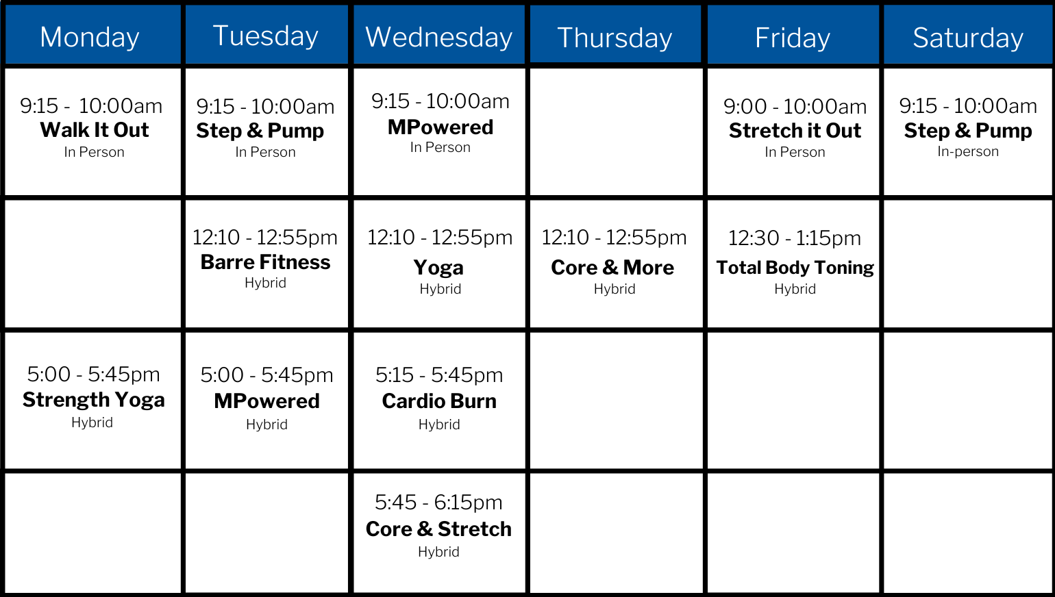 A table that lists all fitness class times by day and time.