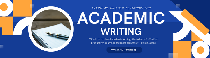 Banner image: Mount Writing Centre Support for Academic Writing. Quote: "Of all the myths of academic writing, the fallacy of effortless productivity is among the most persistent" - Helen Sword.