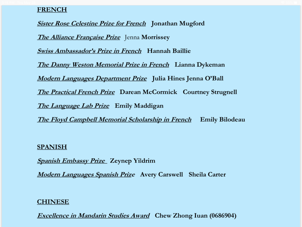 List of 2019-2020 Modern Languages Department award winners. 