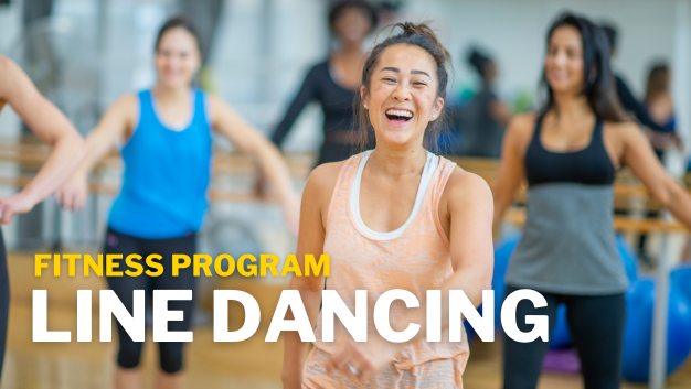A person leading a line dancing class with several participants following along in the background. Large text overlay reads “Fitness Program LINE DANCING.”