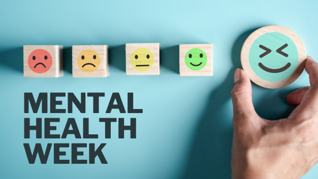Mental Health Week graphic with wooden blocks showing mood icons from sad to happy and text reading ‘Mental Health Week’