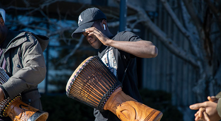 African drumming outside of Seton Academic Centre