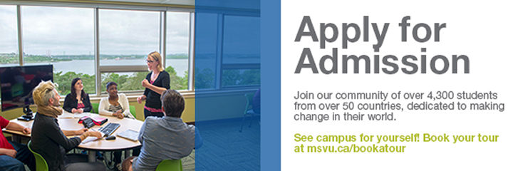 Apply for admission Banner - Book a tour at msvu.ca/bookatour