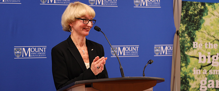 Dr Mary Bluechardt at the Medavie announcement at MSVU