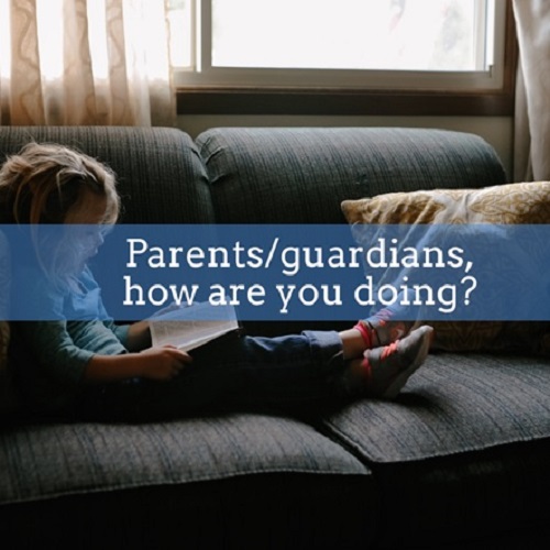 Child on a couch with a book, the text in front of the child says 'Parents/guardians, how are you doing?'