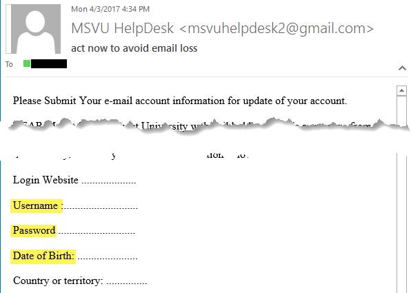 Phishing Example - Request for Password