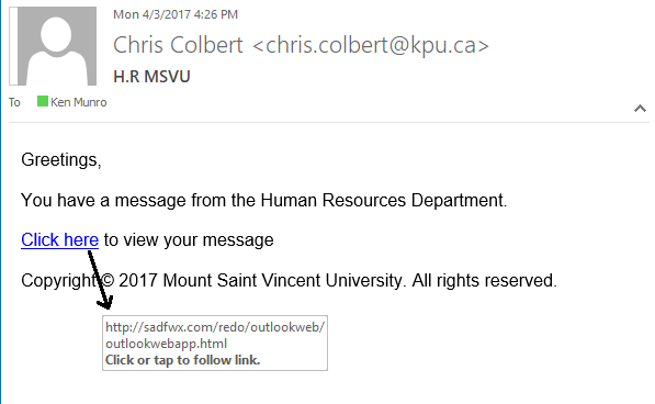 Message from HR phishing emial